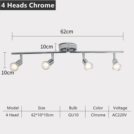Plafonnier LED 4/6 têtes rotatif 360° en chrome poli, éclairage intérieur GU10