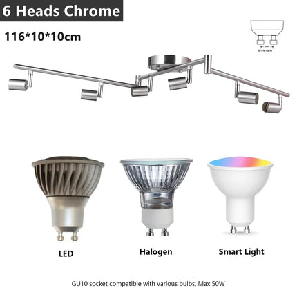 Plafonnier LED 4/6 têtes rotatif 360° en chrome poli, éclairage intérieur GU10