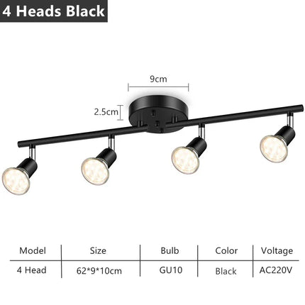 Plafonnier LED 4/6 têtes rotatif 360° en chrome poli, éclairage intérieur GU10