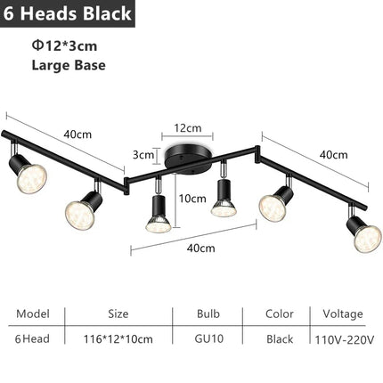 Plafonnier LED 4/6 têtes rotatif 360° en chrome poli, éclairage intérieur GU10