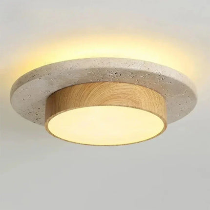 Plafonnier rond en pierre et bois noyer D22cm LED 28W, style Wabi Sabi, éclairage intérieur chaleureux
