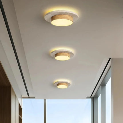 Plafonnier rond en pierre et bois noyer D22cm LED 28W, style Wabi Sabi, éclairage intérieur chaleureux