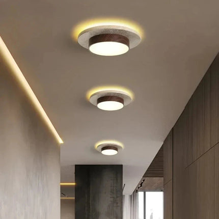 Plafonnier rond en pierre et bois noyer D22cm LED 28W, style Wabi Sabi, éclairage intérieur chaleureux