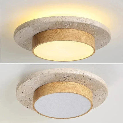 Plafonnier rond en pierre et bois noyer D22cm LED 28W, style Wabi Sabi, éclairage intérieur chaleureux