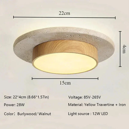 Plafonnier rond en pierre et bois noyer D22cm LED 28W, style Wabi Sabi, éclairage intérieur chaleureux