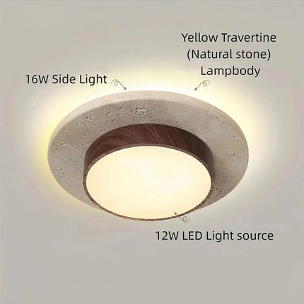 Plafonnier rond en pierre et bois noyer D22cm LED 28W, style Wabi Sabi, éclairage intérieur chaleureux