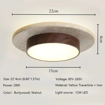 Plafonnier rond en pierre et bois noyer D22cm LED 28W, style Wabi Sabi, éclairage intérieur chaleureux