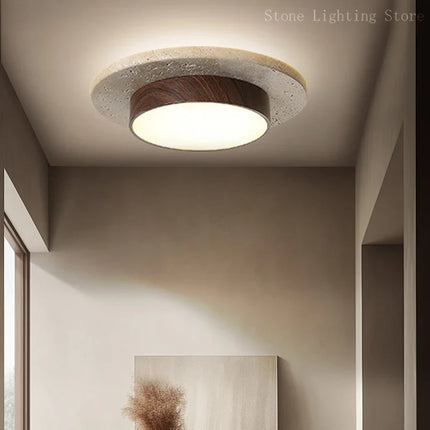 Plafonnier rond en pierre et bois Wabi Sabi, style nordique vintage, lumière chaude pour intérieur
