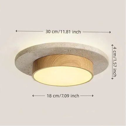 Plafonnier rond en pierre et bois Wabi Sabi, style nordique vintage, lumière chaude pour intérieur