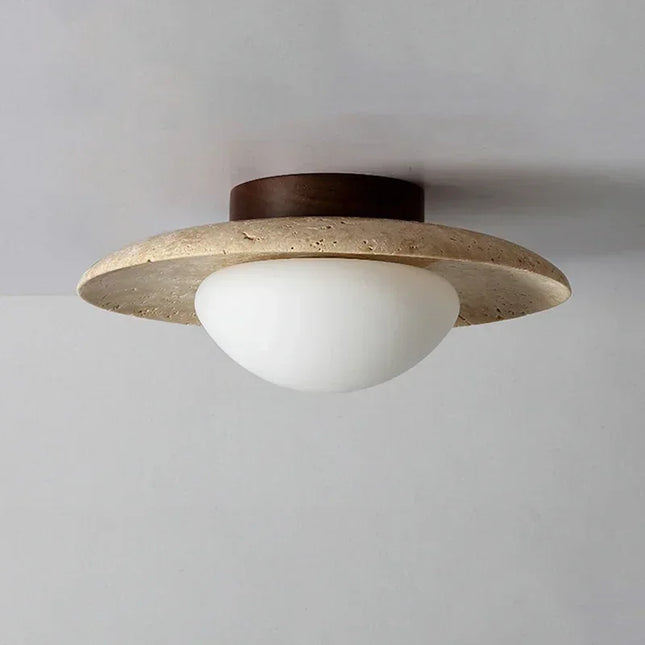 Plafonnier LED en pierre naturelle Travertin D25 cm, lumière chaude, design moderne pour salon et couloir