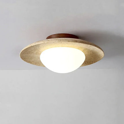 Plafonnier LED en pierre naturelle Travertin D25 cm, lumière chaude, design moderne pour salon et couloir
