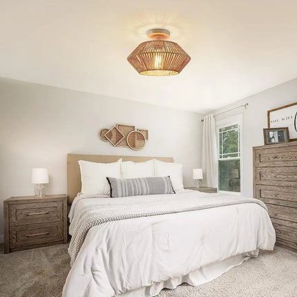Plafonnier LED en rotin tressé style chinois avec abat-jour en corde de chanvre, éclairage décoratif pour salon et maison
