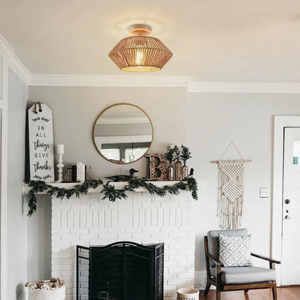 Plafonnier LED en rotin tressé style chinois avec abat-jour en corde de chanvre, éclairage décoratif pour salon et maison