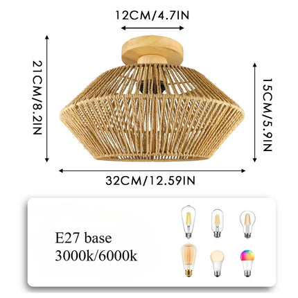 Plafonnier LED en rotin tressé style chinois avec abat-jour en corde de chanvre, éclairage décoratif pour salon et maison