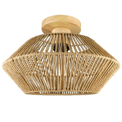Plafonnier LED en rotin tressé style chinois avec abat-jour en corde de chanvre, éclairage décoratif pour salon et maison