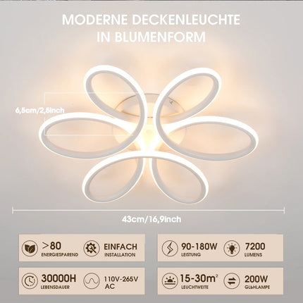 Plafonnier LED 60W design floral en métal, lumière blanc chaud 3000K, 43 cm, ambiance cosy