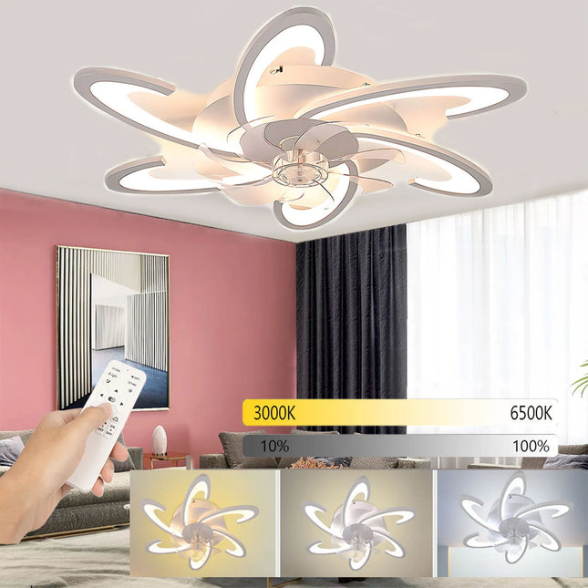 Plafonnier LED croissant 85W avec ventilateur silencieux et télécommande, lumière à intensité variable