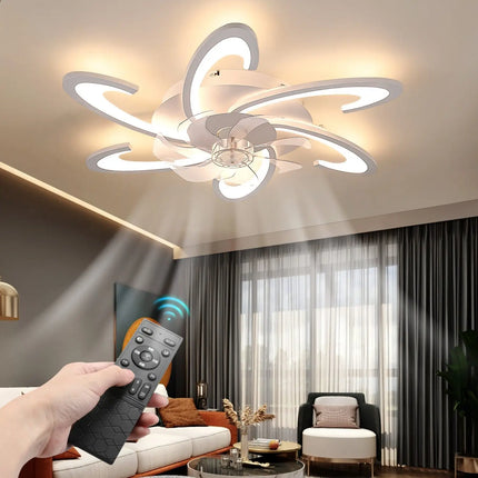 Plafonnier LED croissant 85W avec ventilateur silencieux et télécommande, lumière à intensité variable