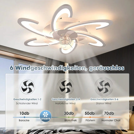 Plafonnier LED croissant 85W avec ventilateur silencieux et télécommande, lumière à intensité variable