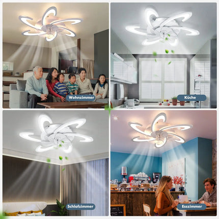 Plafonnier LED croissant 85W avec ventilateur silencieux et télécommande, lumière à intensité variable