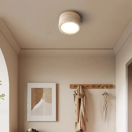 Plafonnier LED design Japonais en pierre travertin jaune et bois naturel, ambiance chaleureuse