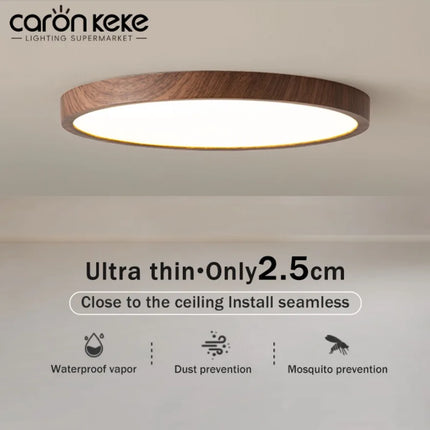 Plafonnier LED circulaire ultra-mince effet bois noyer pour intérieur moderne