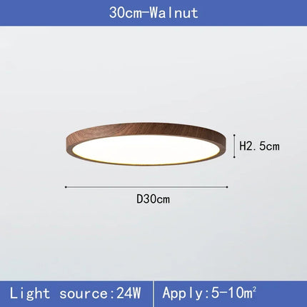 Plafonnier LED circulaire ultra-mince effet bois noyer pour intérieur moderne