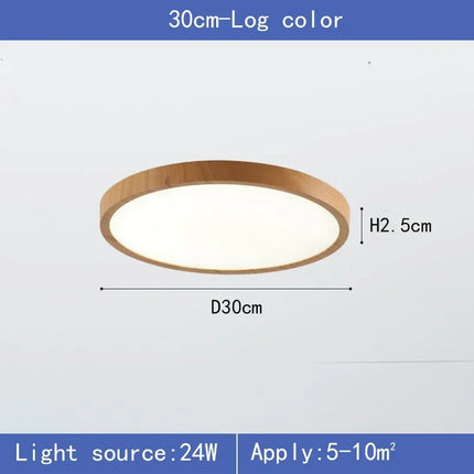 Plafonnier LED circulaire ultra-mince effet bois noyer pour intérieur moderne