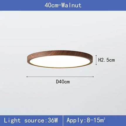Plafonnier LED circulaire ultra-mince effet bois noyer pour intérieur moderne