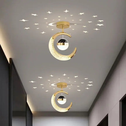 Plafonnier LED moderne étoiles et lune en métal noir et or, ambiance cosy