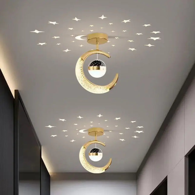 Plafonnier LED moderne étoiles et lune en métal noir et or, ambiance cosy