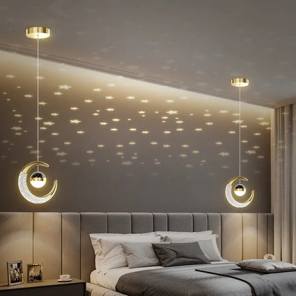 Plafonnier LED moderne étoiles et lune en métal noir et or, ambiance cosy