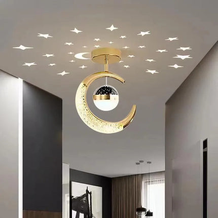 Plafonnier LED moderne étoiles et lune en métal noir et or, ambiance cosy