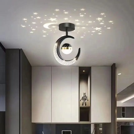 Plafonnier LED moderne étoiles et lune en métal noir et or, ambiance cosy