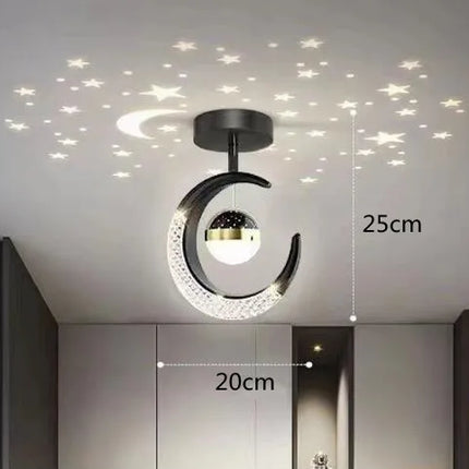 Plafonnier LED moderne étoiles et lune en métal noir et or, ambiance cosy