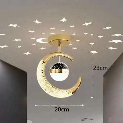 Plafonnier LED moderne étoiles et lune en métal noir et or, ambiance cosy