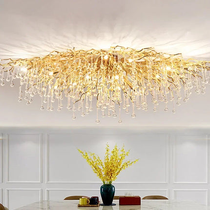 Plafonnier rectangulaire en cristal doré moderne pour salon et salle à manger