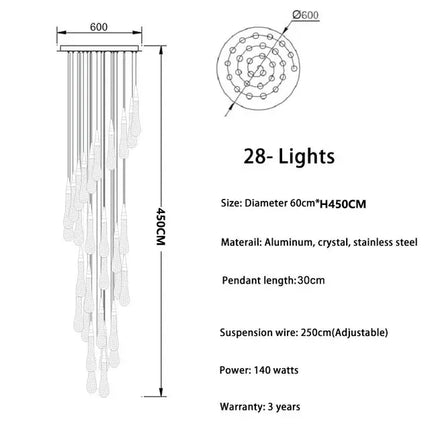 Suspension lustre en cristal LED moderne pour salon et escalier