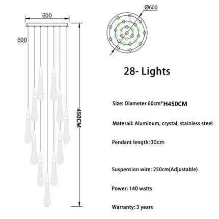 Suspension lustre en cristal LED moderne pour salon et escalier