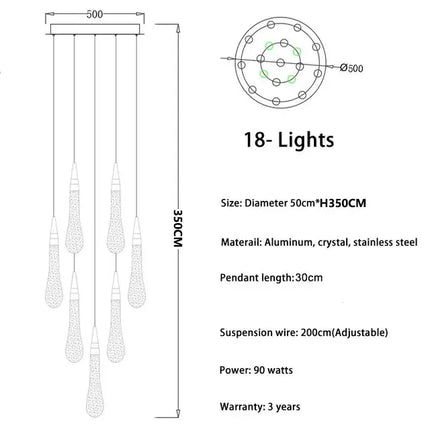 Suspension lustre en cristal LED moderne pour salon et escalier