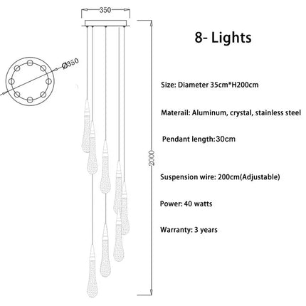 Suspension lustre en cristal LED moderne pour salon et escalier