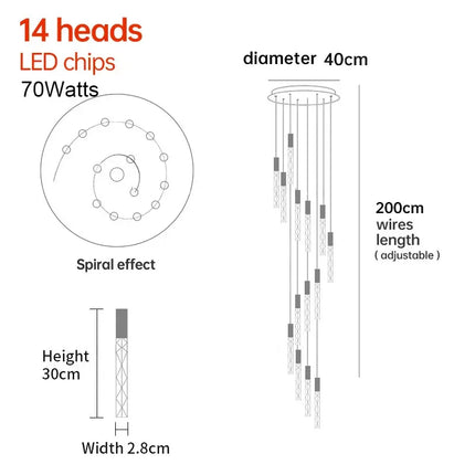 Suspension LED moderne spirale en cristal pour salon et duplex