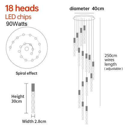 Suspension LED moderne spirale en cristal pour salon et duplex