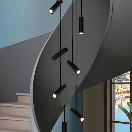 Suspension cylindrique LED design moderne en aluminium noir et blanc, éclairage chaleureux