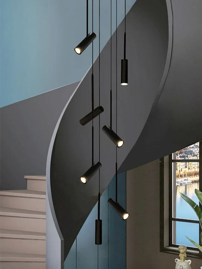 Suspension cylindrique LED design moderne en aluminium noir et blanc, éclairage chaleureux