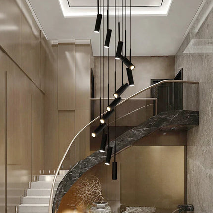 Suspension cylindrique LED design moderne en aluminium noir et blanc, éclairage chaleureux