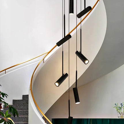 Suspension cylindrique LED design moderne en aluminium noir et blanc, éclairage chaleureux
