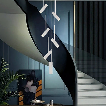 Suspension cylindrique LED design moderne en aluminium noir et blanc, éclairage chaleureux