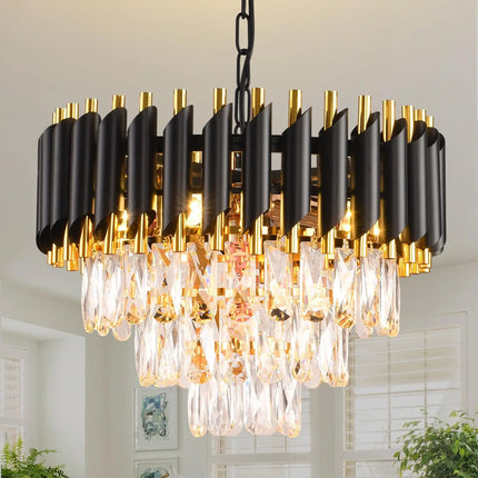 Suspension lustre moderne 3 niveaux en cristal noir et doré, lumière chaleureuse