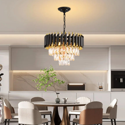 Suspension lustre moderne 3 niveaux en cristal noir et doré, lumière chaleureuse